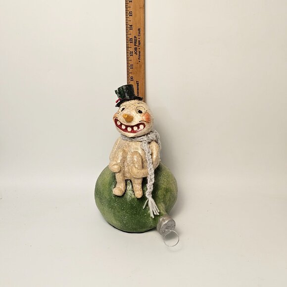 Vintage - Style Snow Man Folk Art Sitting On A Christmas Tree Bulb - Picture 10 of 10